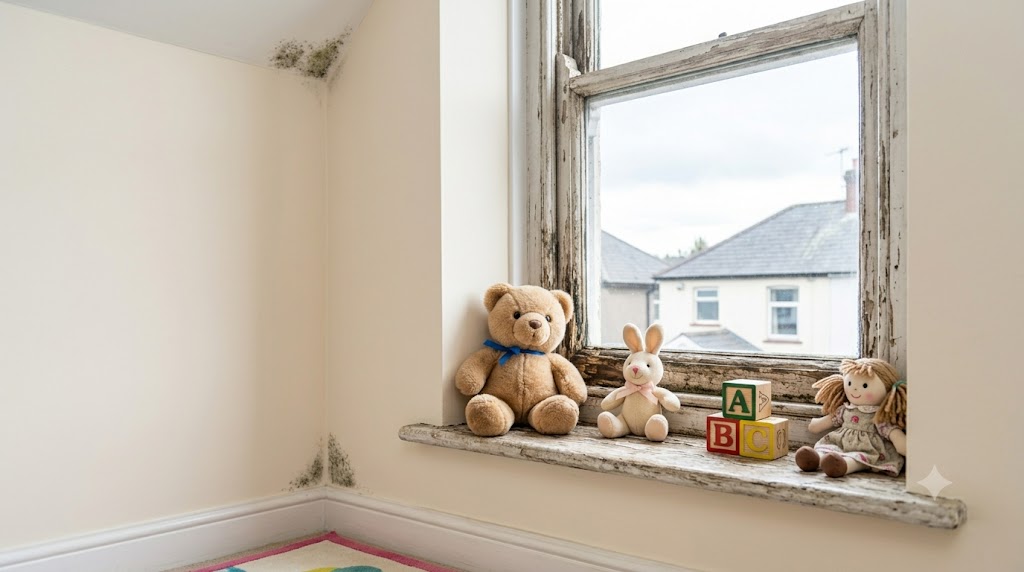 Children's toys in a room with damp and mould on the walls