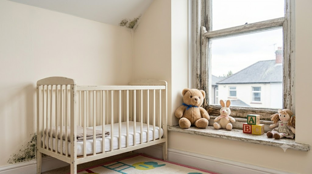 A child's cot in a room affected by damp and mould