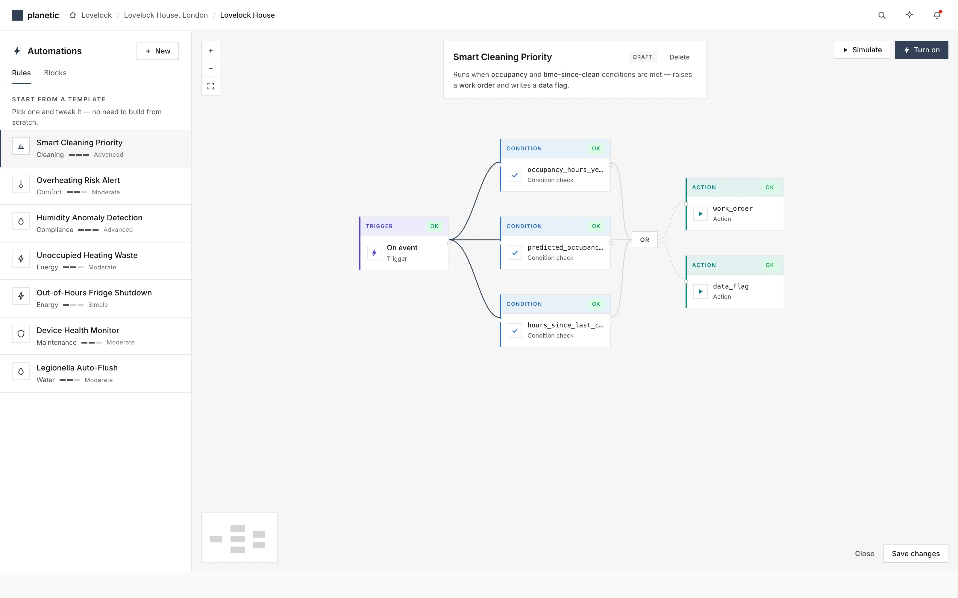 Automation builder — templates and a visual trigger / condition / action flow.